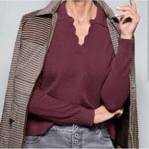 Cabi 4480 Burgundy Scalloped V-Neck Polo Collar Pointelle Knit Sweater XL